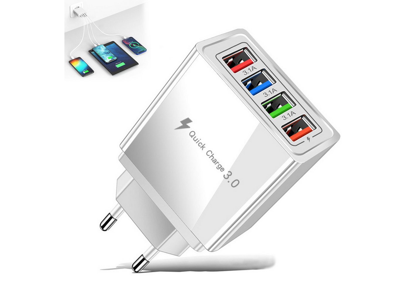 BlingBin Mehrfach USB Netzteil 4 Ports 33W USB Schnellladegerät QC 3.0Ladegerät USB-Ladegerät (1er Set, 1-tlg., 1 Stücke, mit Mehrfach USB QC 3.0 Ladegerät USB Adapter Steckdose Ladestecker) von BlingBin