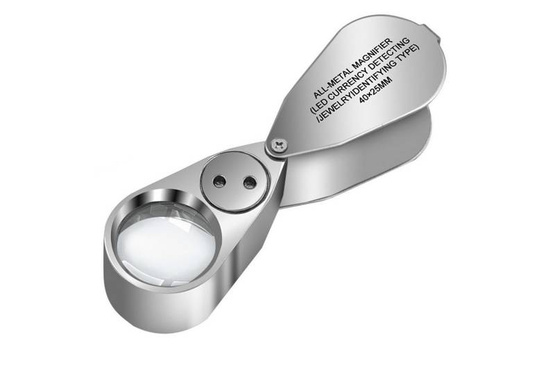 BlingBin Taschenlupe Juwelierlupe 40X Vergrößerung Falt Lupe mit LED Metall Faltlupe, 1er Set, 1-tlg., 1tlg, mit UV-Licht Juwelierlupe für Edelsteine Währung Erkennung von BlingBin