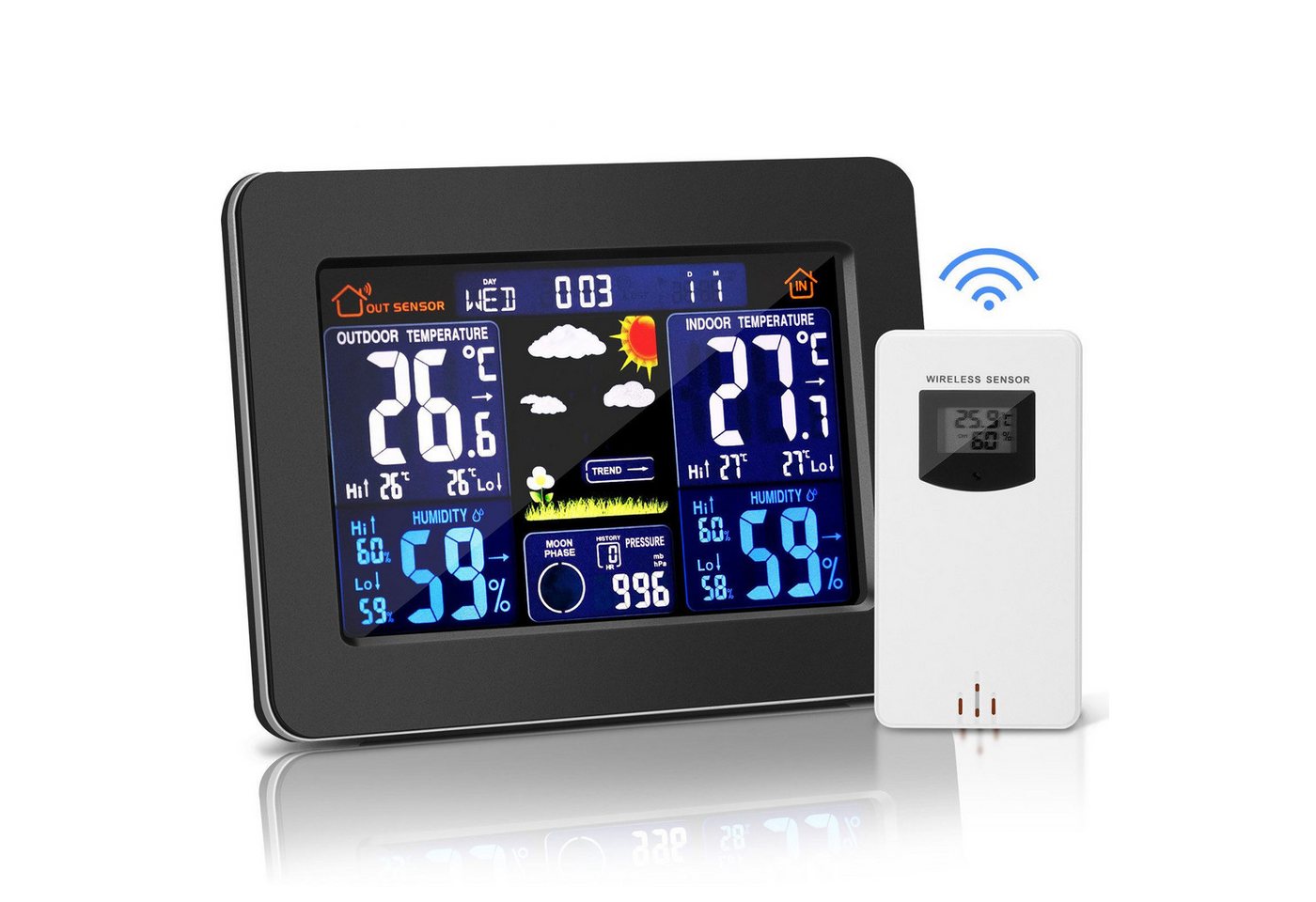 BlingBin Weather Station Funk Drahtlose Wetterstation mit Außensensor Wetterstation (Innen- und Außenthermometer mit Zeit, Wecker, Temperatur) von BlingBin