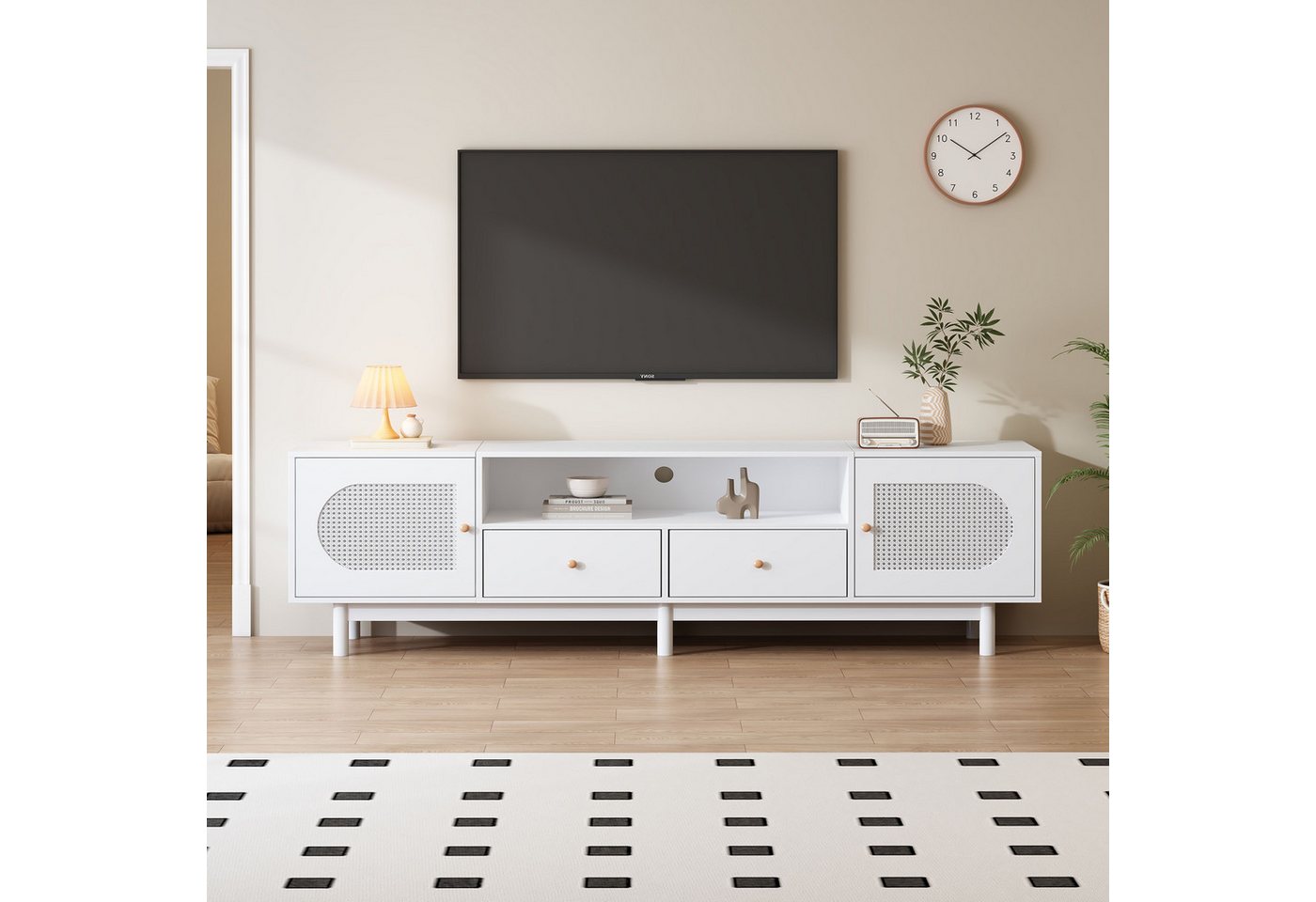 BlingBin Wohnzimmer-Unterschrank TV-Ständer, (bis 80,00 Zoll, 180*40*56 cm, weißem Rattan, 2 Schubladen,2 Geräuscharme Türen, Passend für 80-Zoll-Fernseher) von BlingBin