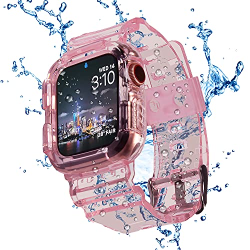 Blingbrione Transparentes pinkes Armband mit Gehäuse, kompatibel mit Apple Watch, 42 mm, für Damen und Herren, Gelee, transparentes weiches Sportarmband mit Abdeckschutz für iWatch Serie 10, Rosa/Grün von Blingbrione