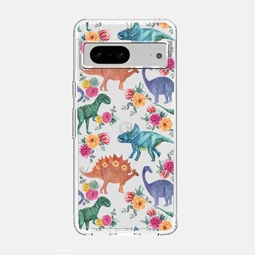 Blingy's Google Pixel 7 Pro Hülle, Frauen Mädchen Lustiger Dinosaurier mit Blumen Niedliches Tierdesign Transparent Weich TPU Schutzhülle Kompatibel für Google Pixel 7 Pro (Floral Dinosaurier) von Blingy's