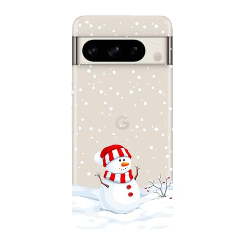 Blingy's Schutzhülle für Google Pixel 8 Pro, Weihnachtsmuster, Schneemann-Stil, mit fallender Schneeflocke, transparent, weich, TPU, 17 cm (6,7 Zoll) (Schneemann) von Blingy's