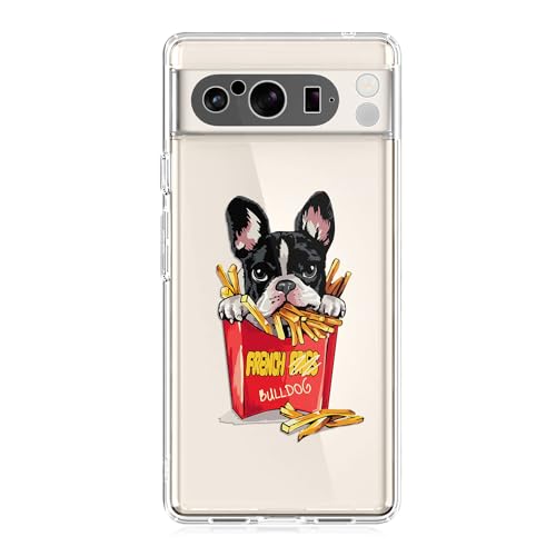 Blingy's Schutzhülle für Google Pixel 8 Pro, lustig, französische Bulldogge mit Pommes Frites-Motiv, transparent, weiches TPU, transparent, 17 cm (6,7 Zoll) (Französische Bulldogge) von Blingy's