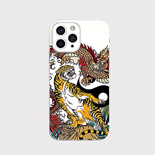 Blingy's Kompatibel für iPhone 13 Pro Max Hülle (6,7 Zoll), grafisches Tigermuster mit Drachen-Design, Tattoo-Kunststil, transparent, weich, TPU, transparent, (Tiger & Dragon) von Blingy's