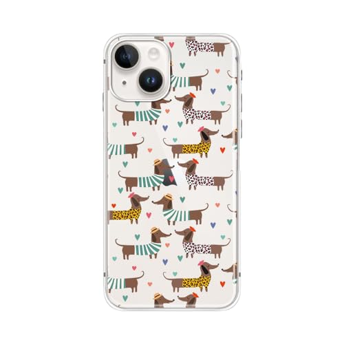 Blingy's Schutzhülle für iPhone 14, bezaubernder Dackel-Hunde-Stil mit Herzmuster, niedliches Cartoon-Tier-Design, transparent, weiches TPU, transparent, 15,5 cm (6,1 Zoll) (Dackel in Hemden) von Blingy's