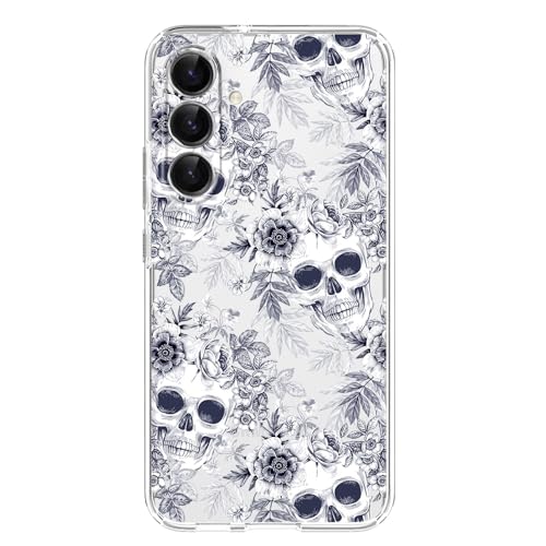 Blingy's Schutzhülle für Galaxy S24, Retro-Blumenschädel-Design, Vintage-Kunst-Stil, transparent, weiches TPU, transparent, kompatibel mit Galaxy S24 15,7 cm (6,2 Zoll), Weiß mit floralen Totenköpfen von Blingy's