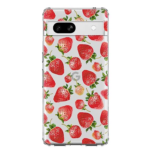 Blingy's Schutzhülle für Google Pixel 7a, für Damen und Mädchen, süßes Erdbeermuster, lustiges Obst-Design, transparent, weiches TPU, helle Erdbeeren von Blingy's