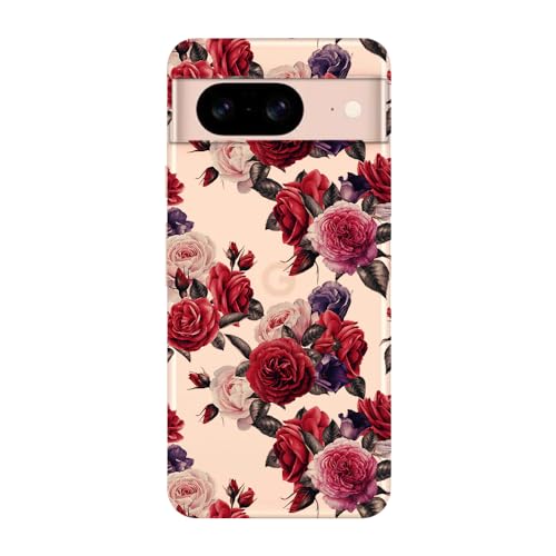 Blingy's Schutzhülle für Google Pixel 8, Retro-Rosenmuster, Vintage-Rosen-Design, transparent, weiches TPU, transparent, 15,7 cm (6,2 Zoll), roter Blumenstrauß von Blingy's