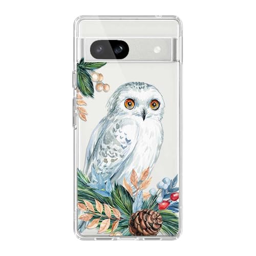 Blingy's Schutzhülle für Google Pixel 8a, lustiger Eulen-Stil, niedliches Vogelmuster, Blume, Tier-Design, transparent, weiches TPU, 15,5 cm (6,1 Zoll), weiße Eule von Blingy's