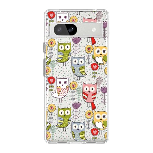 Blingy's Schutzhülle für Google Pixel 8a, süßes florales Eulenmuster, lustiger Vogel-Stil, Cartoon-Tier-Design, transparent, weiches TPU, 15,5 cm (6,1 Zoll), bunte Eulen) von Blingy's