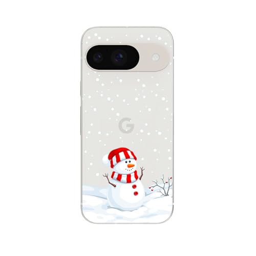Blingy's Schutzhülle für Google Pixel 9, Weihnachtsmuster, Schneemann-Stil, mit fallender Schneeflocke, transparent, weiches TPU, transparent, kompatibel mit Google Pixel 9 16 cm (6,3 Zoll) von Blingy's