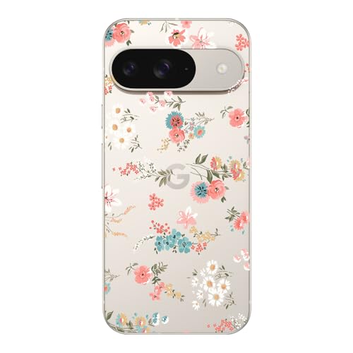 Blingy's Schutzhülle für Google Pixel 9, niedliches Blumenstil, lustiges Blumendesign, transparent, weiches TPU, 16 cm (6,3 Zoll), Blau und Rosa Rosenblätter von Blingy's