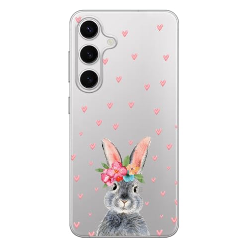 Blingy's Schutzhülle für S25, Motiv: Hasen mit floralem Hasen-Design und Herzen, lustiger Cartoon-Tier-Stil, transparent, weiches TPU, transparent (floraler Hase) von Blingy's