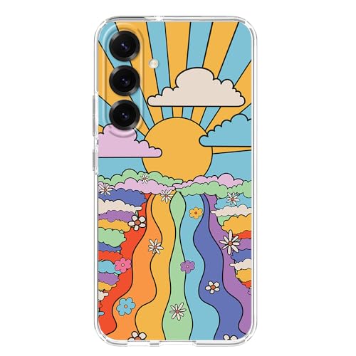 Blingy's Schutzhülle für S25, lustiges, psychedelisches Regenbogen-Landschaftsdesign, Retro-Hippie-Stil, weiche TPU-Schutzhülle (bunter Sonnenaufgang) von Blingy's