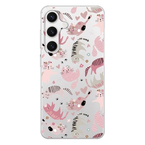 Blingy's Schutzhülle für S25, niedliches Katzen-Design mit Herzen, Blumen, Cartoon-Tier-Stil, transparent, weiches TPU, transparente Schutzhülle (rosa Katzen) von Blingy's