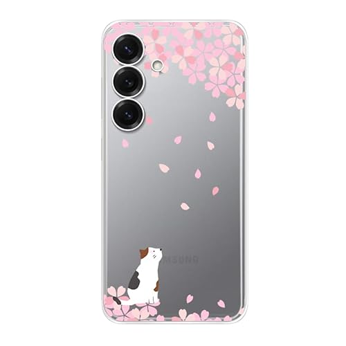 Blingy's Schutzhülle für S25, süßes Kirschblüten-Katzen-Design, Cartoon-Tier-Stil, transparent, weiches TPU, transparente Schutzhülle (weiße Katze) von Blingy's