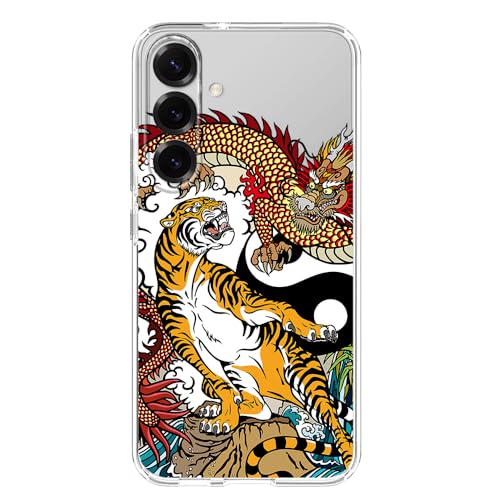 Blingy's Schutzhülle für S25E, Motiv: Drache, lustiger Tiger, Tattoo, Tierstil, transparent, weiches TPU, transparent (Tiger und Drachen) von Blingy's