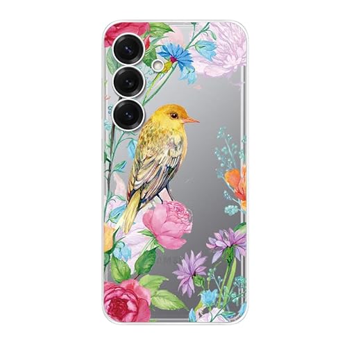 Blingy's Schutzhülle für S25E, niedliches Blumen-, Vogel-Design, Blumen- und Tier-Stil, transparent, weiches TPU, transparent (gelber Vogel mit Blumen) von Blingy's