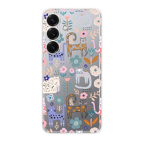 Blingy's Schutzhülle für S25E, süßes Katzen-Design mit Blumenmuster, Blumenmuster, Tierstil, transparent, weiches TPU, transparent (Cartoon-Blumenkatzen) von Blingy's