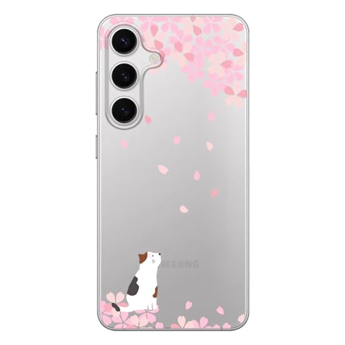 Blingy's Schutzhülle für Samsung Galaxy S24 Plus, süßes Kirschblüten-Katzen-Design, Cartoon-Tier-Stil, transparent, weiches TPU, 17,5 cm (6,7 Zoll), weiße Katze) von Blingy's