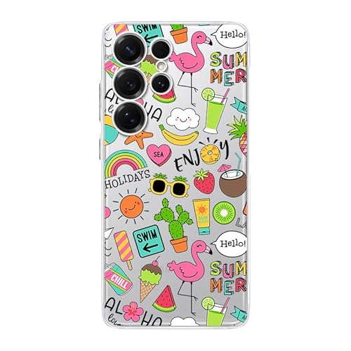 Blingy's Schutzhülle für Samsung Galaxy S25 Ultra, süßes Sommermuster, tropische Früchte, lustiger Kaktus, Flamingo-Stil, transparent, weiches TPU, 17,5 cm (6,9 Zoll) (Sommerspaß-Stil) von Blingy's