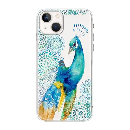 Blingy's Schutzhülle für iPhone 14, hübsches Pfauenmuster, niedlicher Vogel-Stil, Boho-Tier-Design, transparent, weiches TPU, 15,5 cm (6,1 Zoll), Pfau) von Blingy's