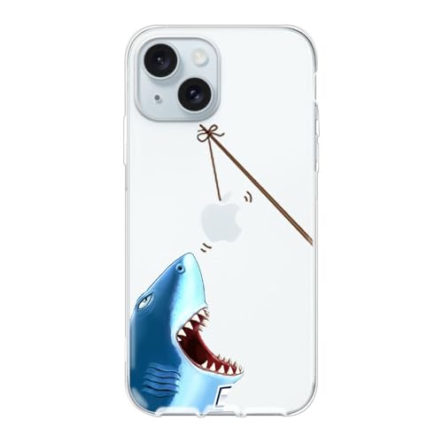 Blingy's Schutzhülle für iPhone 15, lustiger Hai-Stil, Ozeanfisch-Muster, Cartoon-Tier-Strand-Design, transparent, weiches TPU, transparent, 15,5 cm (6,1 Zoll) (Hai) von Blingy's