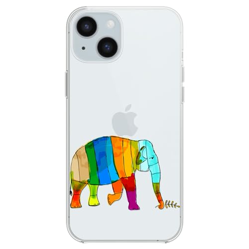 Blingy's Schutzhülle für iPhone 15, lustiger Tierstil, künstlerisches, buntes Elefanten-Design, transparent, weiches TPU, 15,5 cm (6,1 Zoll), bunter Elefant von Blingy's
