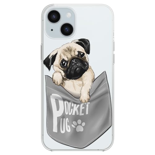 Blingy's Schutzhülle für iPhone 15, lustiges Mopsmuster, niedlicher Hunde-Stil, lustig, kreativ, Cartoon-Tier-Design, transparent, weiches TPU, 15,5 cm (6,1 Zoll) (Pocket Pug) von Blingy's