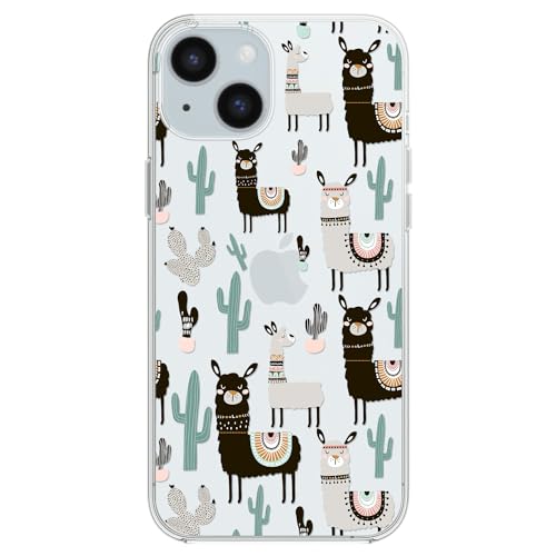 Blingy's Schutzhülle für iPhone 15, niedlicher Lama-Stil mit Kaktus-Muster, lustiges Alpaka-Cartoon-Tier-Design, transparent, weiches TPU, transparent, 15,5 cm (6,1 Zoll) (schwarze Alpakas) von Blingy's