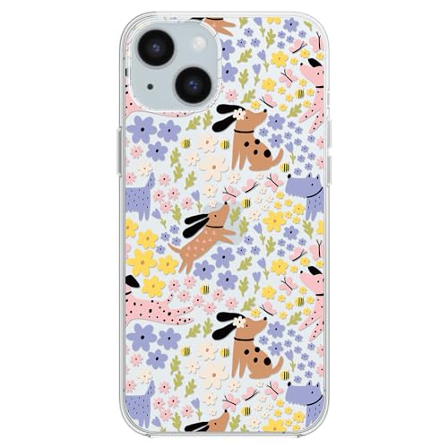 Blingy's Schutzhülle für iPhone 15, niedliches florales Hundemuster, lustiger Blume, Tierstil, Cartoon-Design, transparent, weich, TPU, Schutzhülle, kompatibel mit iPhone 15, 15,5 cm (6,1 Zoll) von Blingy's