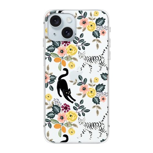 Blingy's Schutzhülle für iPhone 15 Plus, Katzenstil mit niedlichem Blumenmuster, lustiges Blumenmuster, transparent, weiches TPU, 17 cm (6,7 Zoll) (Katzen mit Blumen) von Blingy's