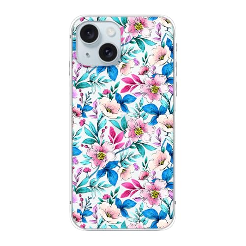 Blingy's Schutzhülle für iPhone 15 Plus, hübsches Blumenmuster, niedliches Blumendesign, transparent, weiches TPU, 17 cm (6,7 Zoll), hellblaue Blütenblätter von Blingy's