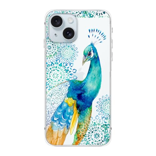 Blingy's Schutzhülle für iPhone 15 Plus, hübsches Pfauenmuster, niedlicher Vogel-Stil, Tier-Design, transparent, weiches TPU, 17 cm (6,7 Zoll), Pfau) von Blingy's