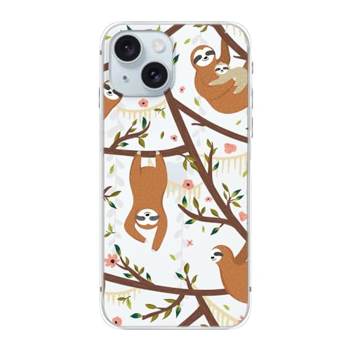 Blingy's Schutzhülle für iPhone 15 Plus, lustiger Faultier-Stil mit Blumenmuster, niedliches Cartoon-Tier-Design, transparent, weiches TPU, 17 cm (6,7 Zoll) (Baumfaultiere) von Blingy's