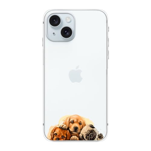 Blingy's Schutzhülle für iPhone 15 Plus, lustiger Hunde-Stil, lustiges Cartoon-Tiermuster, niedliches Mops-Design, transparent, weiches TPU, 17 cm (6,7 Zoll) (Welpen) von Blingy's