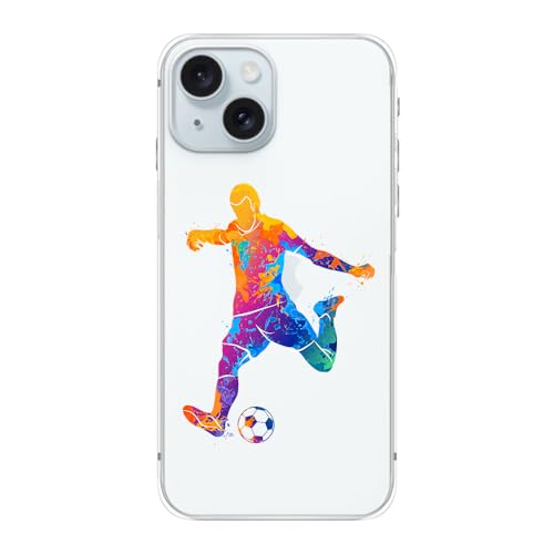 Blingy's Schutzhülle für iPhone 15 Plus, lustiges Fußballmuster, coole Malerei, Kunststil, Sportdesign, transparent, weiches TPU, transparent, 17 cm (6,7 Zoll), Fußballspieler) von Blingy's