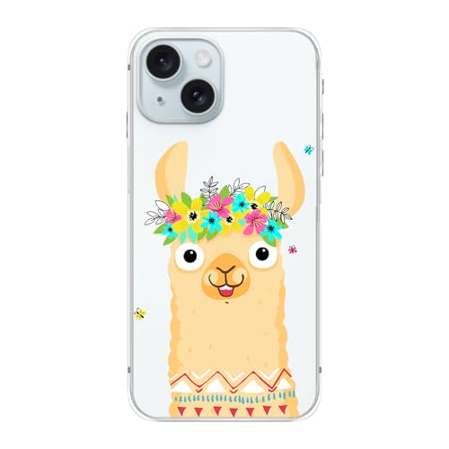 Blingy's Schutzhülle für iPhone 15 Plus, lustiges Lama-Muster mit niedlichem Blumenmuster, lustiges Alpaka-Cartoon-Tier-Design, transparent, weiches TPU, transparent, 17 cm (6,7 Zoll) (florales Lama) von Blingy's