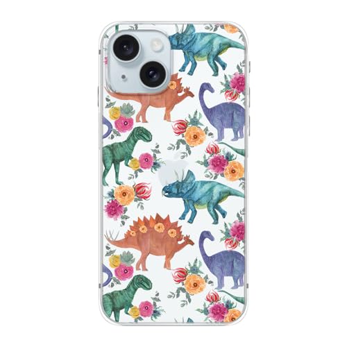 Blingy's Schutzhülle für iPhone 15 Plus, niedlicher floraler Dinosaurier-Stil, lustiges Blumen- und Tier-Design, transparent, weiches TPU, 17 cm (6,7 Zoll) (Blumen-Dinosaurier) von Blingy's