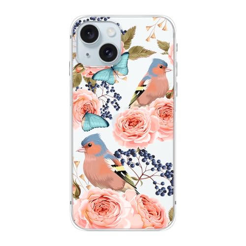 Blingy's Schutzhülle für iPhone 15 Plus, niedliches Blumen-Vogel-Design mit Rosen-Design, transparent, weiches TPU, 17 cm (6,7 Zoll), Vögel und Schmetterlinge von Blingy's
