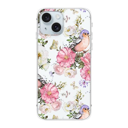 Blingy's Schutzhülle für iPhone 15 Plus, niedliches Blumen- und Vogelmuster, florales Tier-Design, transparent, weiches TPU, transparent, 17 cm (6,7 Zoll), Vogel auf rosa Blumen von Blingy's