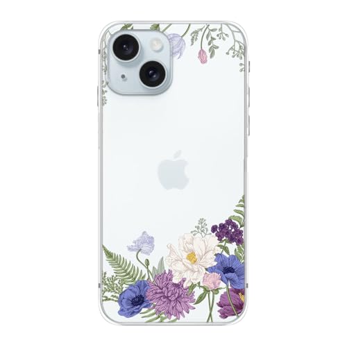 Blingy's Schutzhülle für iPhone 15 Plus, niedliches Blumenmuster, elegantes Blumendesign, transparent, weiches TPU, 17 cm (6,7 Zoll) (floraler violetter Rand) von Blingy's