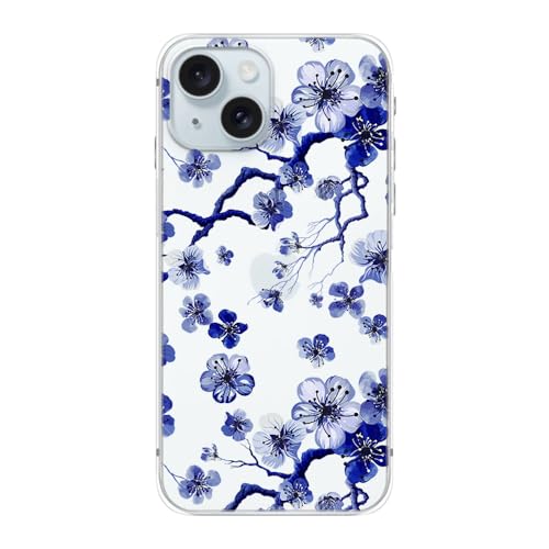 Blingy's Schutzhülle für iPhone 15 Plus, niedliches Blumenstil, lustiges Blumendesign, transparent, weiches TPU, transparent, 17 cm (6,7 Zoll), Blau und Weiß mit Blumenbaum) von Blingy's