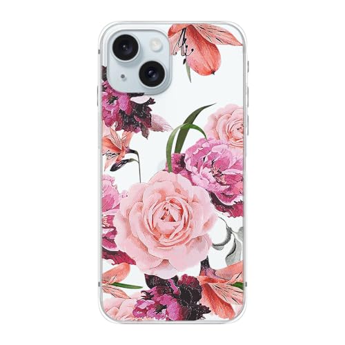 Blingy's Schutzhülle für iPhone 15 Plus, süßes Blumenmuster, Retro-Rosen-Stil, Blumendesign, transparent, weiches TPU, 17 cm (6,7 Zoll), Rosa von Blingy's