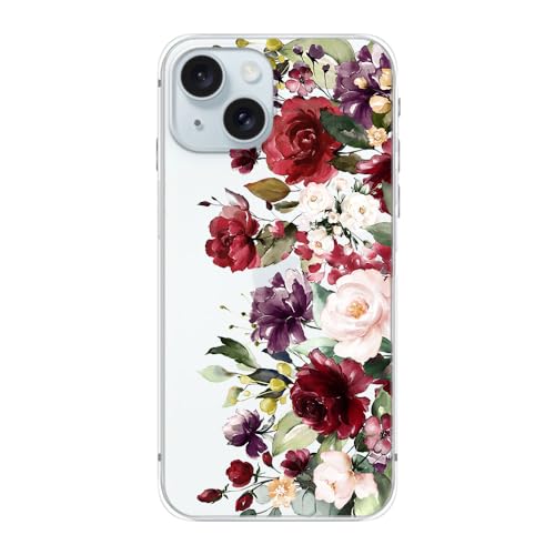 Blingy's Schutzhülle für iPhone 15 Plus, süßes Rosen-Design, lustiges Rosenmuster, schönes Blumendesign, transparent, weiches TPU, 17 cm (6,7 Zoll), dunkle Blumen von Blingy's