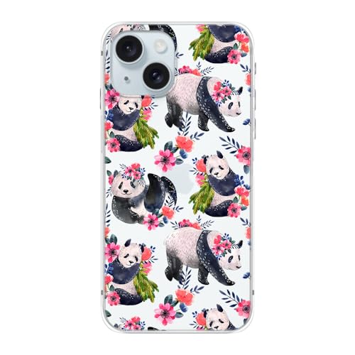 Blingy's Schutzhülle für iPhone 15 Plus, süßes florales Pandabär-Muster, lustiges Tier-Design, transparent, weiches TPU, 17 cm (6,7 Zoll), Panda-Blumen von Blingy's