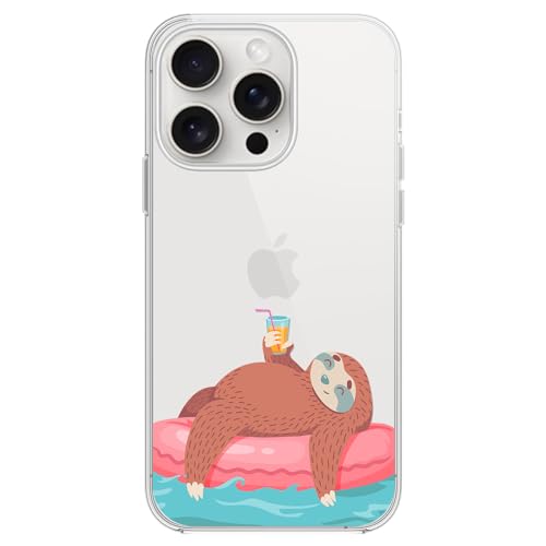 Blingy's Schutzhülle für iPhone 15 Pro, lustiges Faultier-Muster, niedliches Cartoon-Tier-Design, transparent, weiches TPU, 15,5 cm (6,1 Zoll) (schwimmendes Faultier) von Blingy's