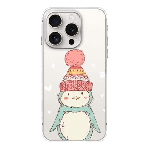 Blingy's Schutzhülle für iPhone 15 Pro Max, niedlicher Winterpinguin-Stil mit Schneeflocke, Cartoon-Tier-Design, transparent, weich, TPU, transparent, kompatibel mit iPhone 15 Pro Max 6,7 Zoll (grüner von Blingy's