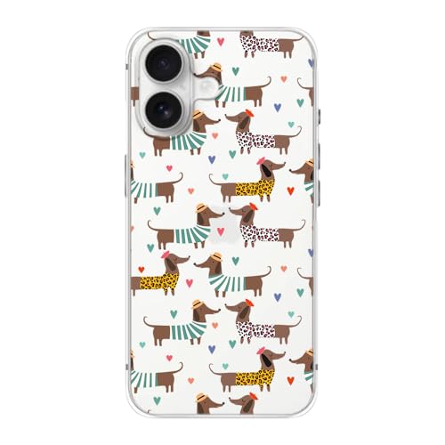 Blingy's Schutzhülle für iPhone 16, bezaubernder Dackel-Hund mit Herzmuster, niedliches Tier-Design, transparent, weiches TPU, 15,5 cm (6,1 Zoll), Dackel in Hemden) von Blingy's